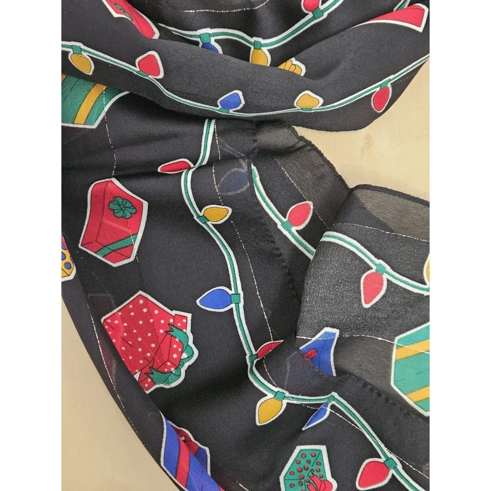 Christmas Scarf Black Sheer Lightweight Holiday Presents String Lights Wrap Vtg